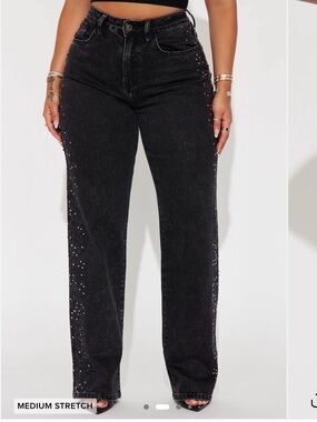 Fashion Nova Black Straight Leg Jeans with Side Rhinestones